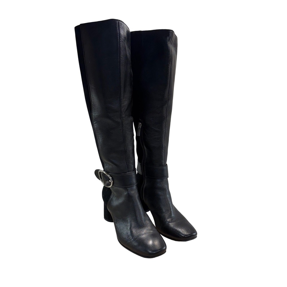 Nordstrom Rack Leather Suede Knee High Boots Womens 8 Black Buckle Block Heel